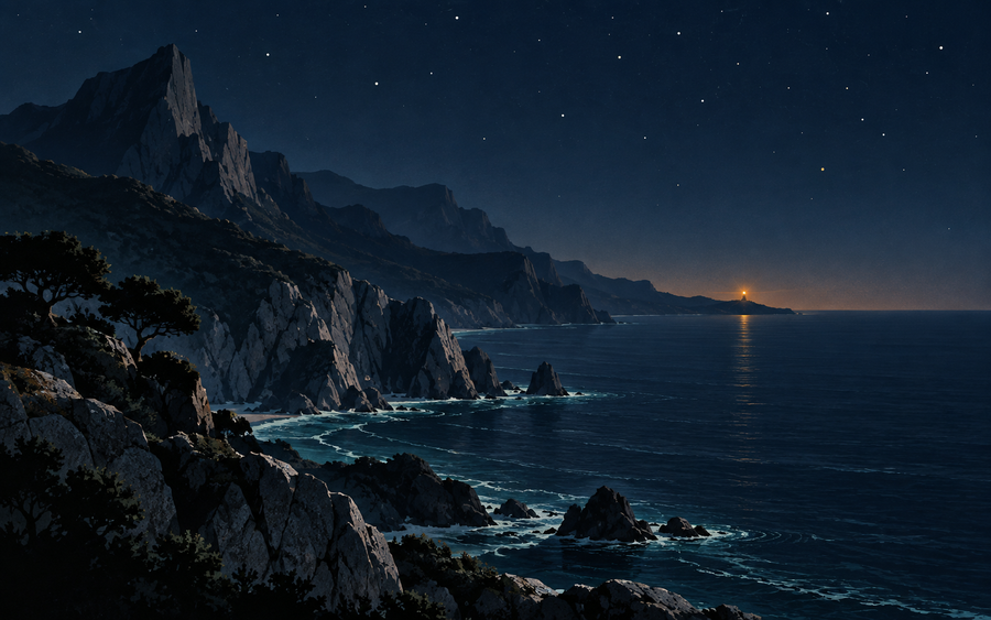 Cap corse sous les étoiles avec un feu lointain